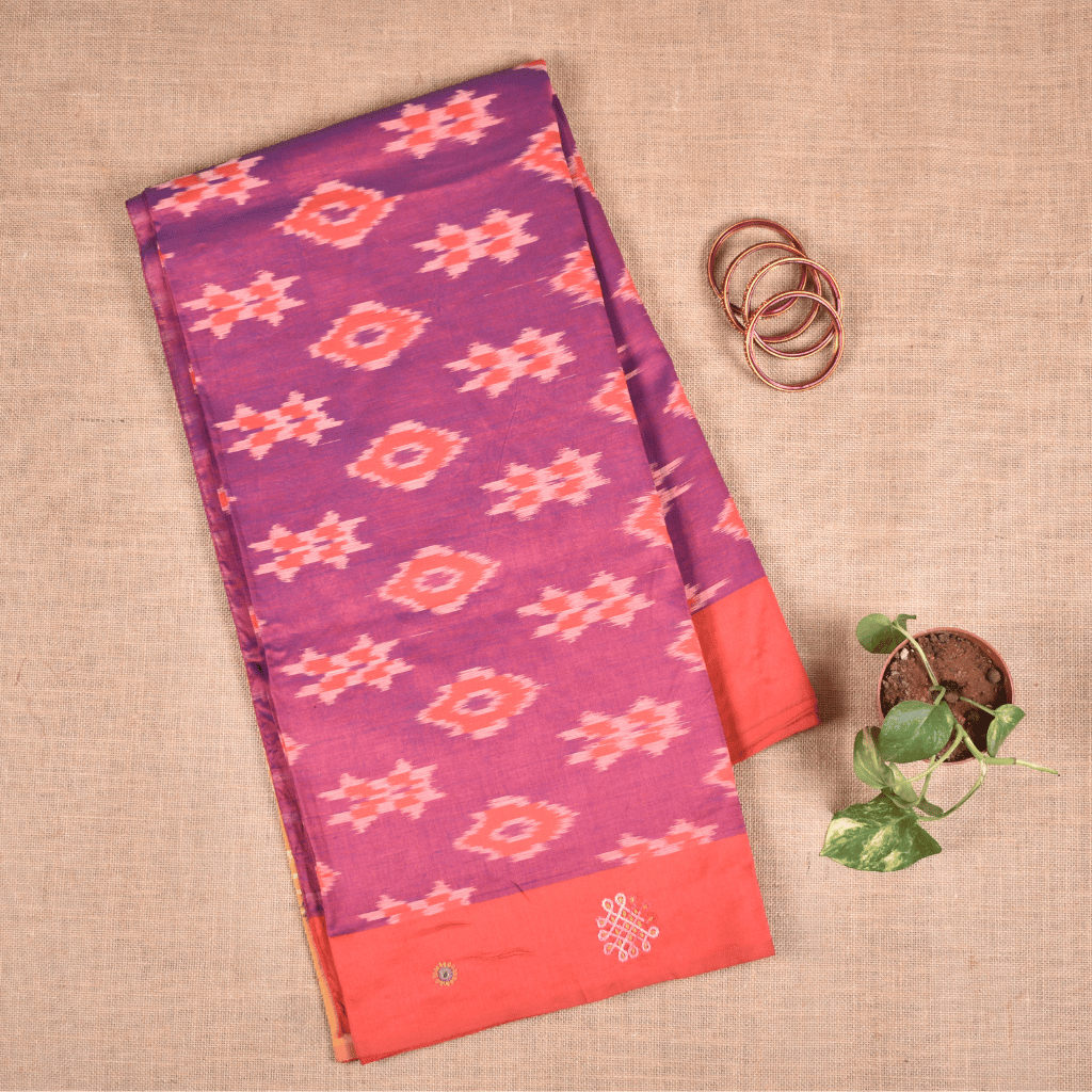 Purple ikat saree with hand embroidery