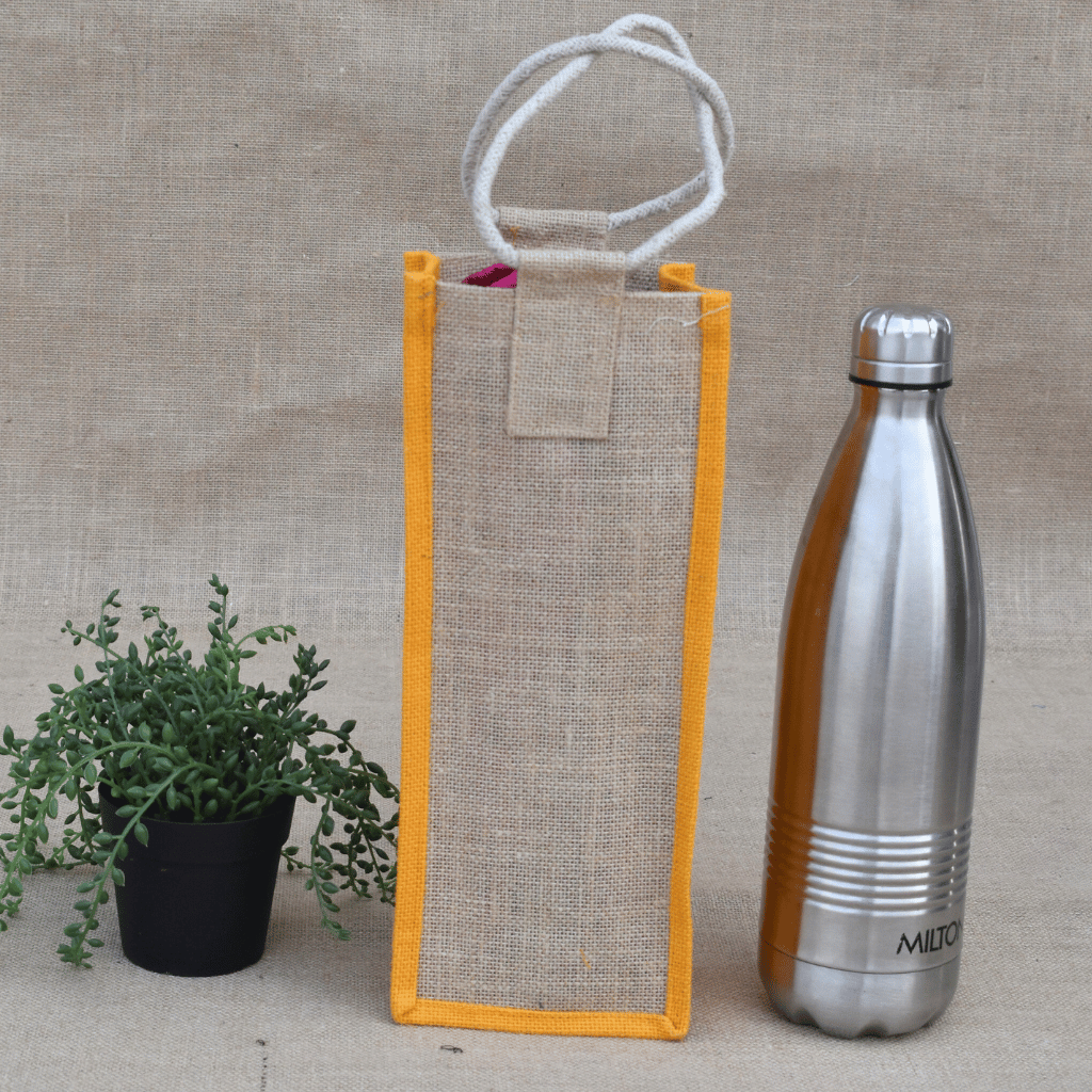 Yellow jute bottle bag - front