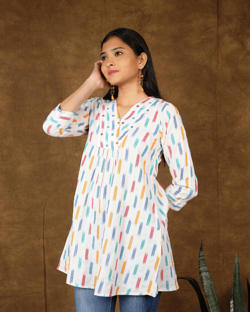 Embroidery white ikat tunic - v neck