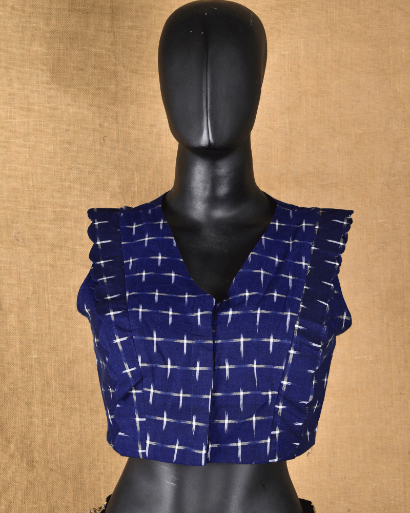 Navy Blue Ikat Cotton Sleeveless Blouse with V-Neck