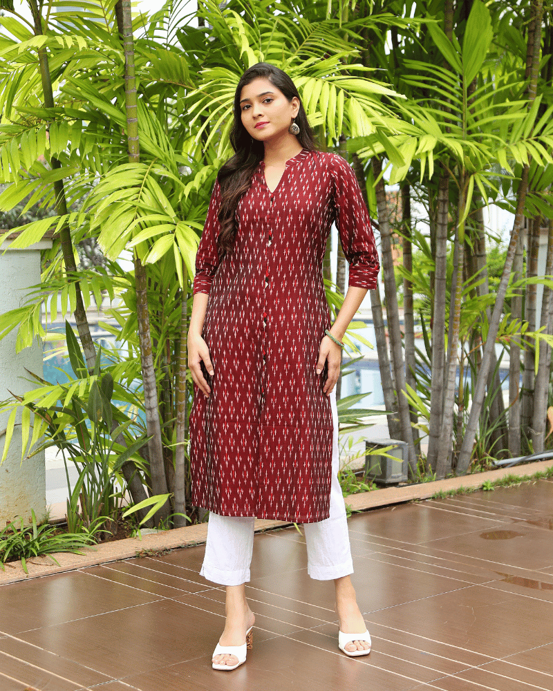 Maroon Women’s Mercerized Ikat Straight Kurta - front