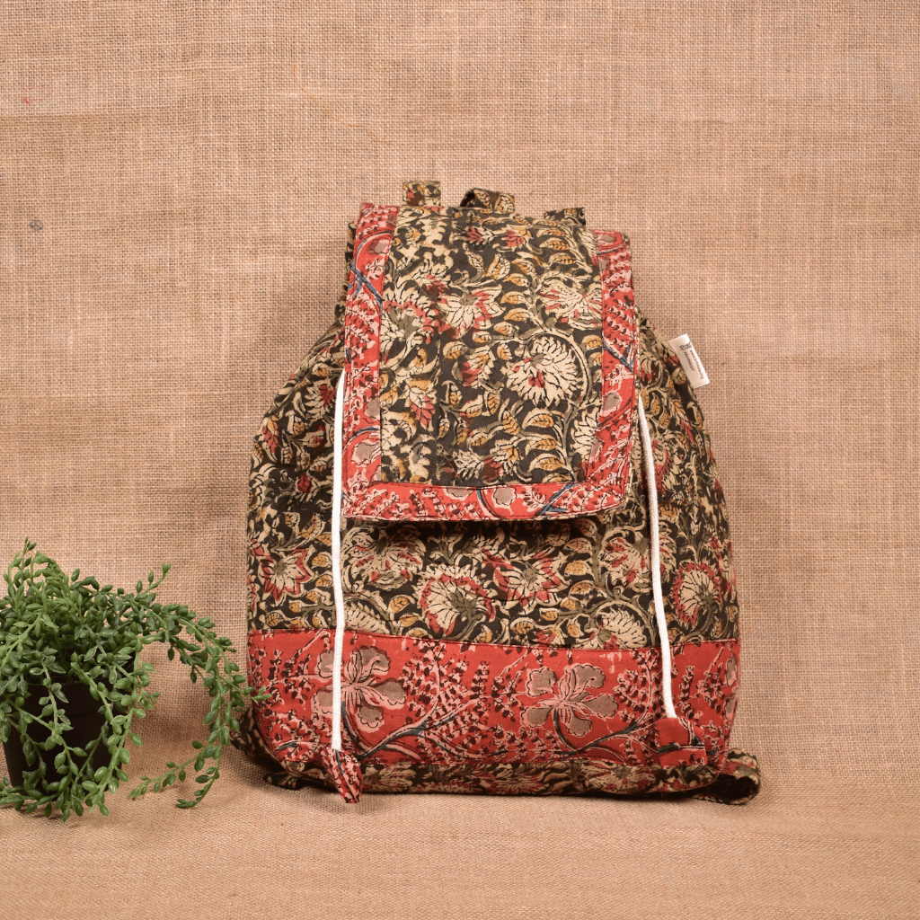 Quilted Green Kalamkari Backpack Bag - front