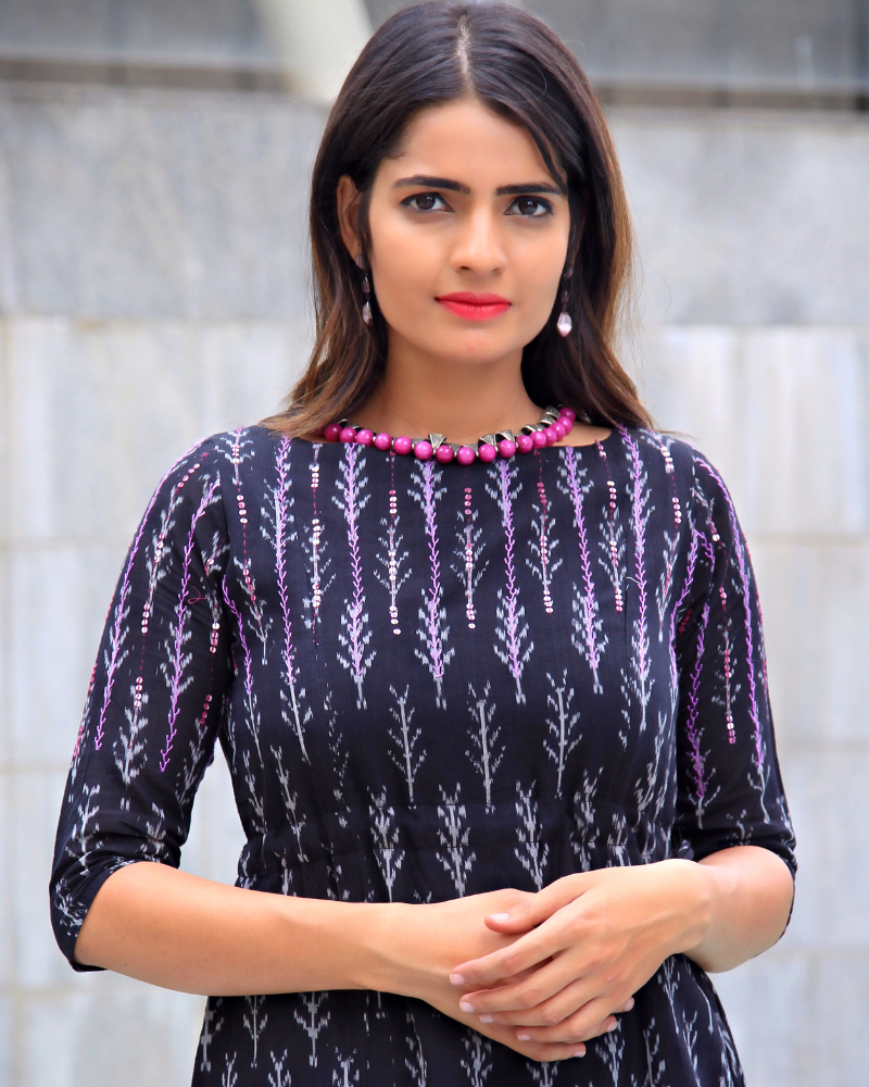 Black leaf ikat dress