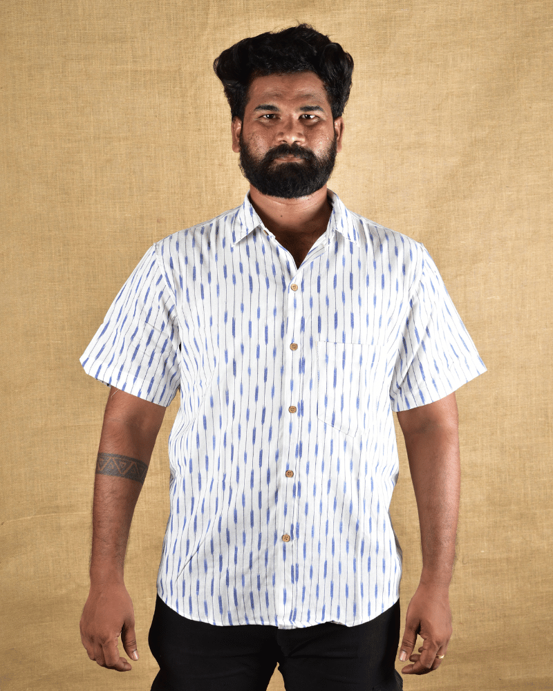 White Casual Men's Shirt In Ikat cotton - front