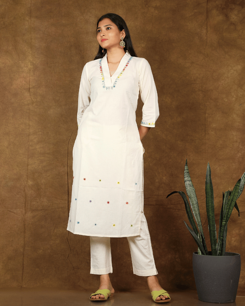 White embroidery straight kurta - Front