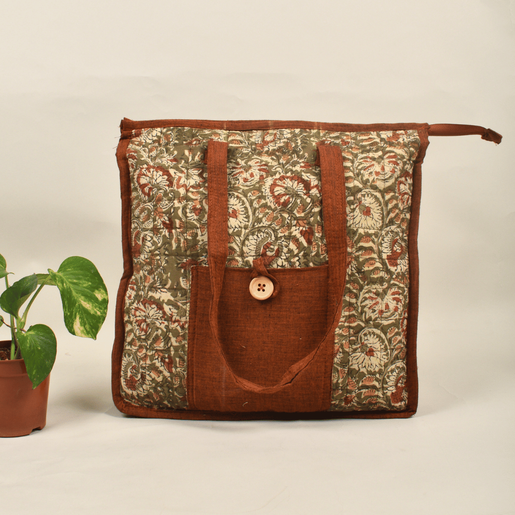 Green Kalamkari Quilted Tote Bag - Front