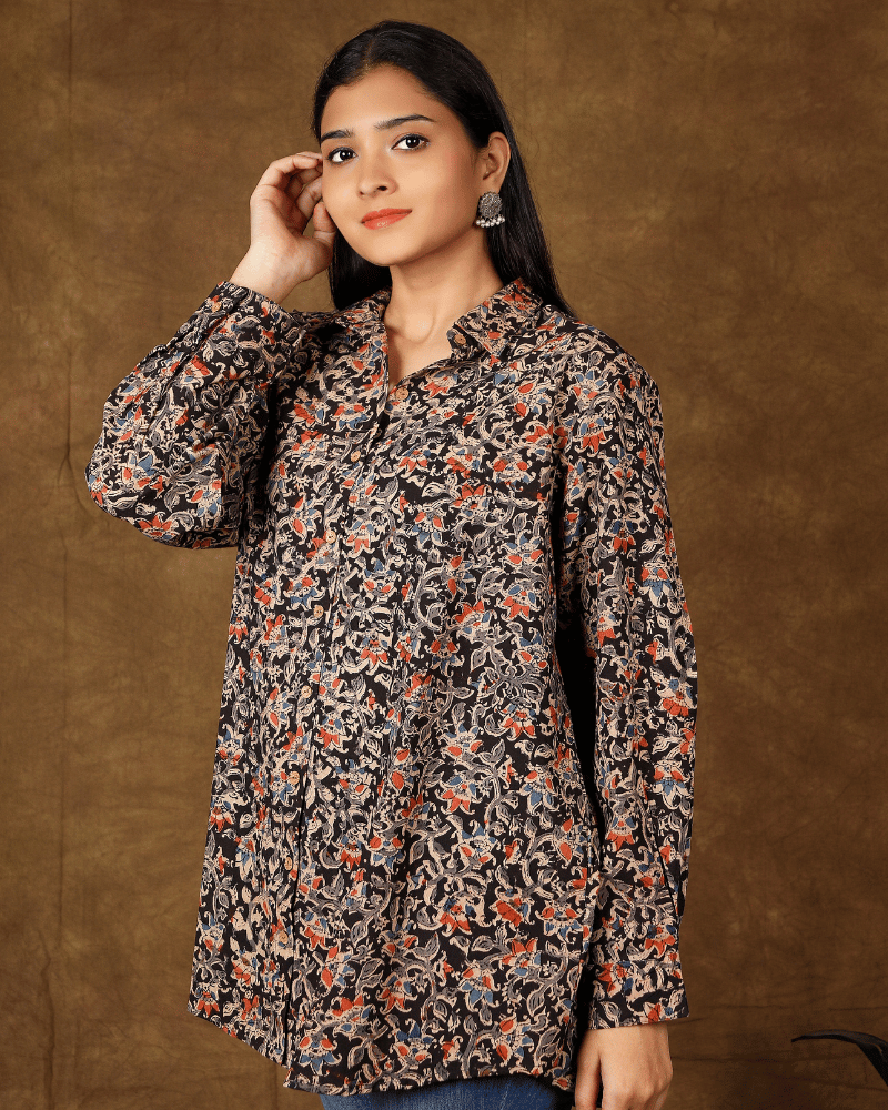 Stylish Women’s Black Kalamkari Cotton Shirt - side