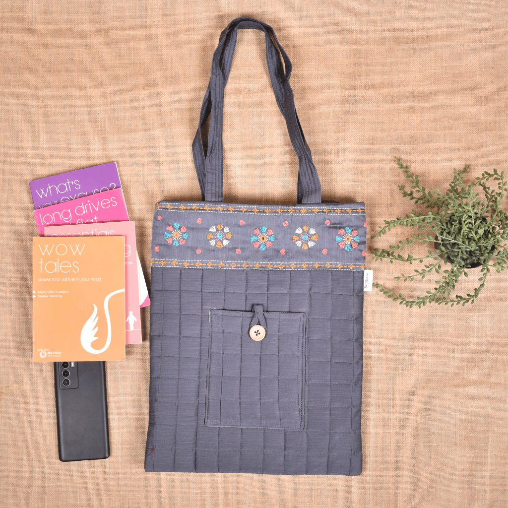 Grey silk embroidered tote bag - front