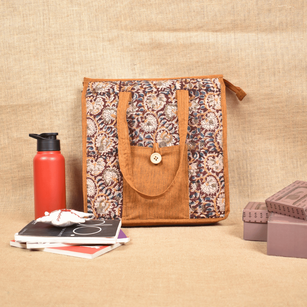 Maroon Kalamkari Quilted Tote Bag - front