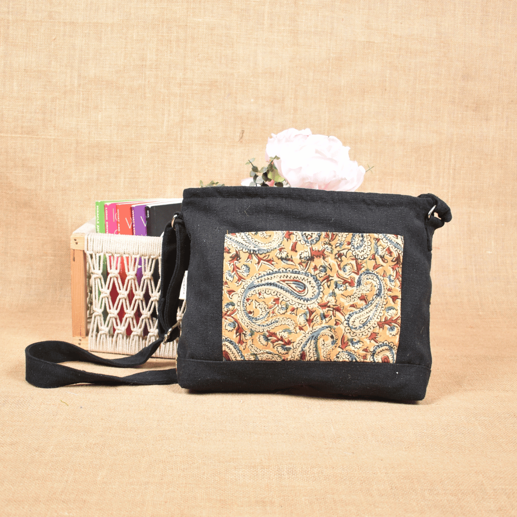 Canvas Purse With Yellow Kalamkari Fabric - front