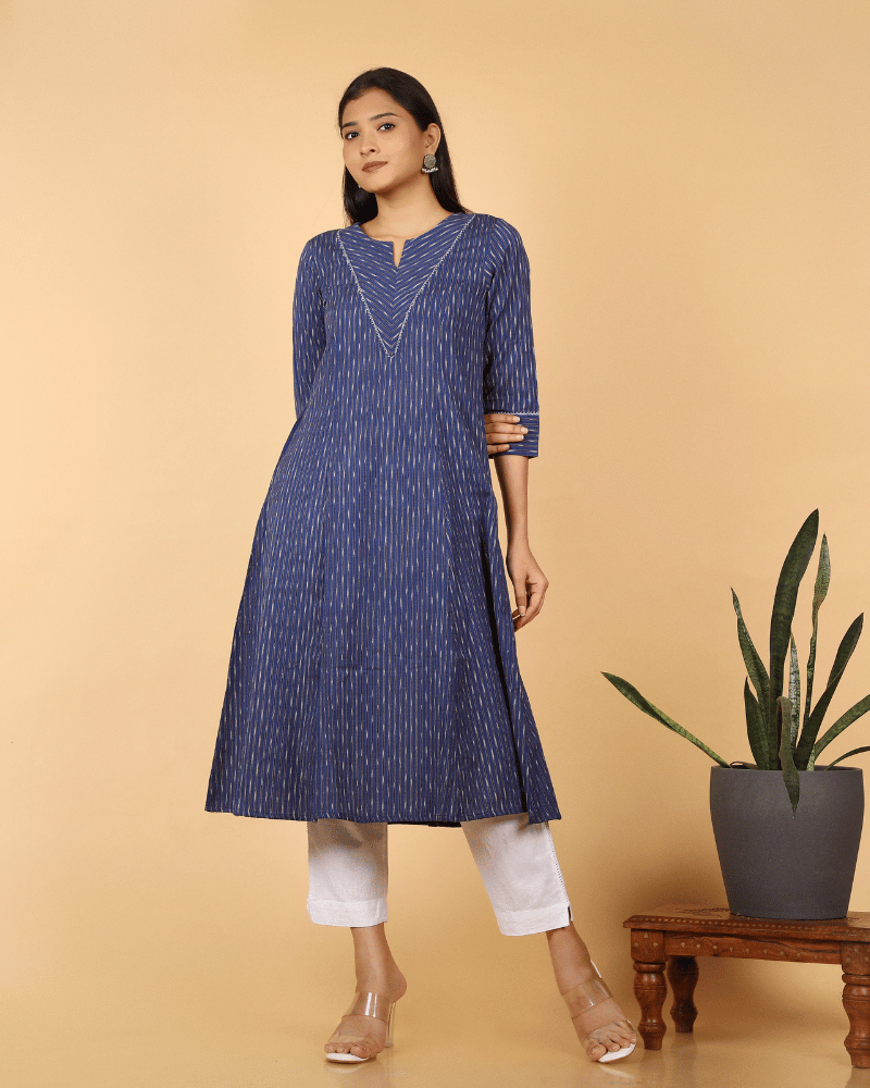 A line Blue Ikat Cotton Kurta with Pleated V Yoke