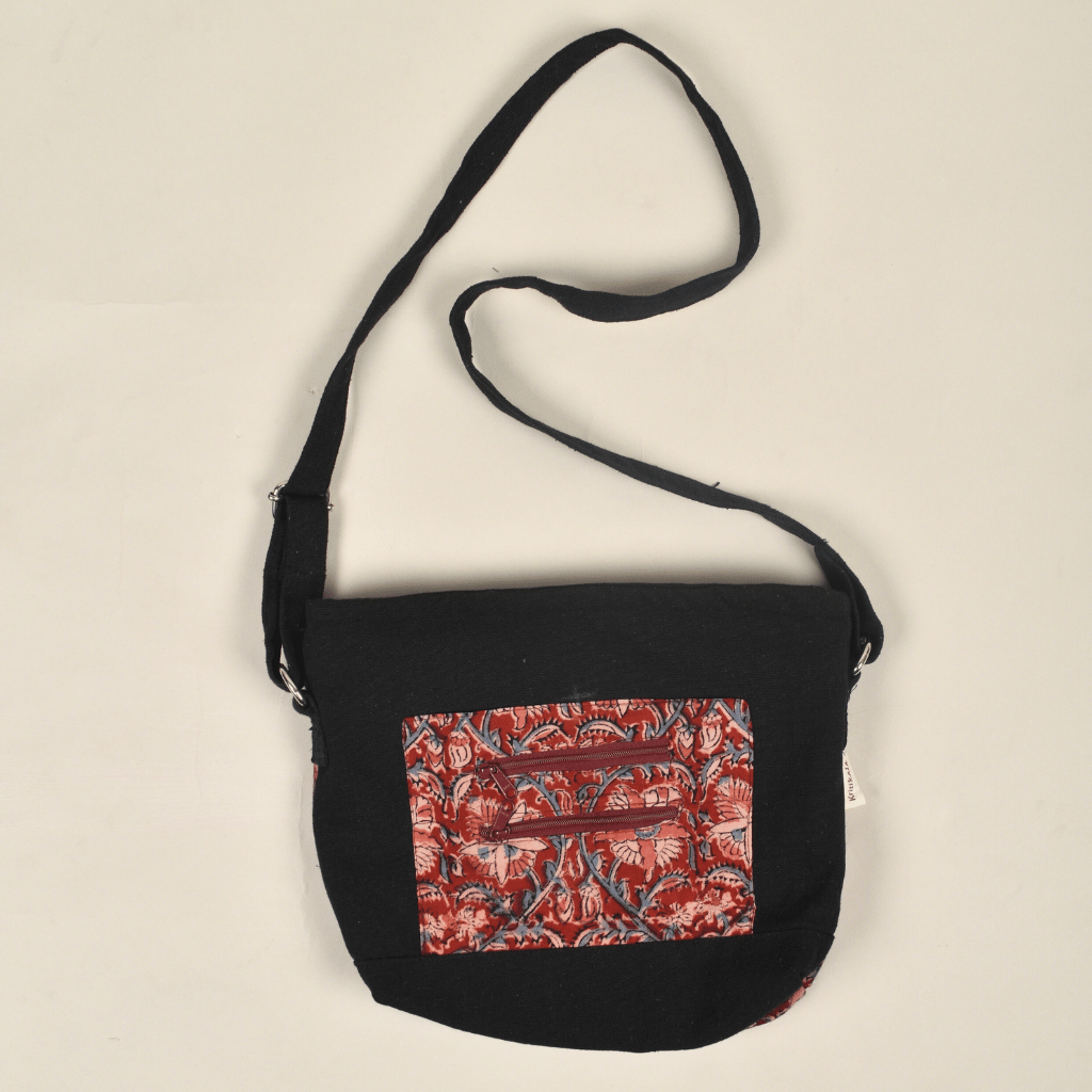 Red kalamkari & canvas multi pocket sling bag - strap