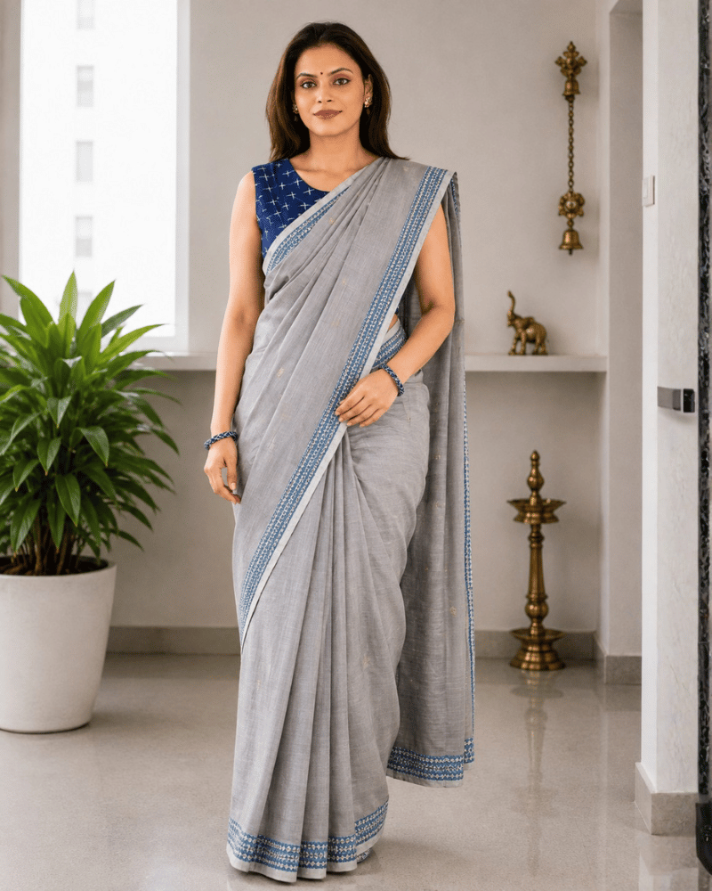 Grey Cotton Saree with Hand Embroidery
