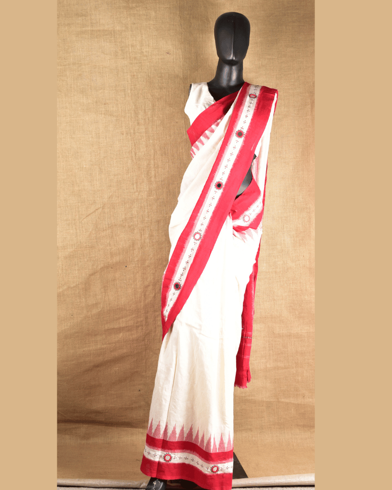 White Cotton Saree With Hand Embroidery - Front