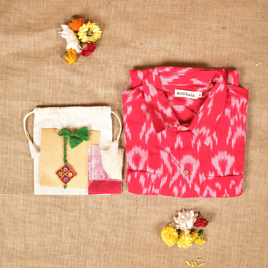 Raksha Bandhan Gift Combo – Handcrafted Red Rakhi with Men's Handloom Cotton Shirt