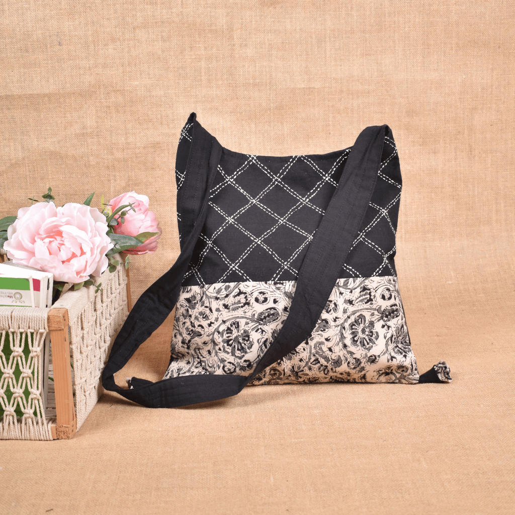 Black and White Kalamkari Sling Bag - Hand Embroidery