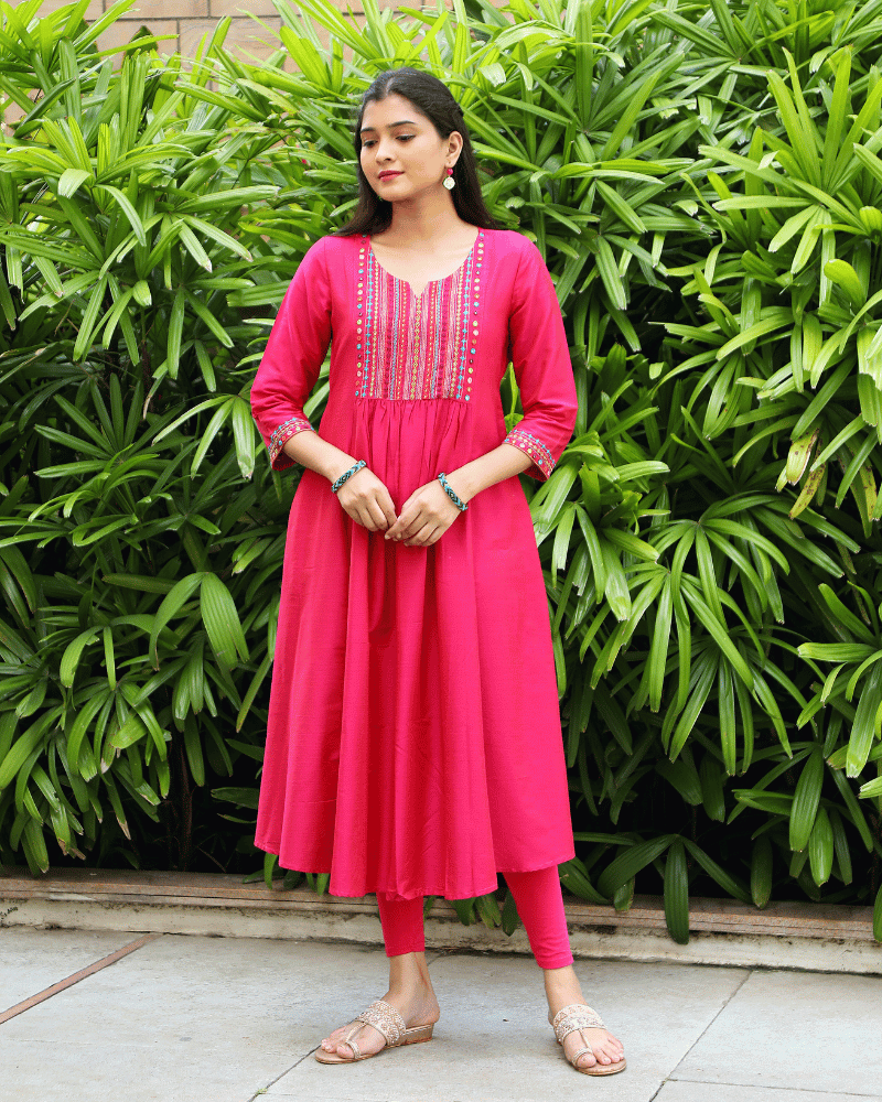 Pink Festive Embroidered Silk Kurta - front