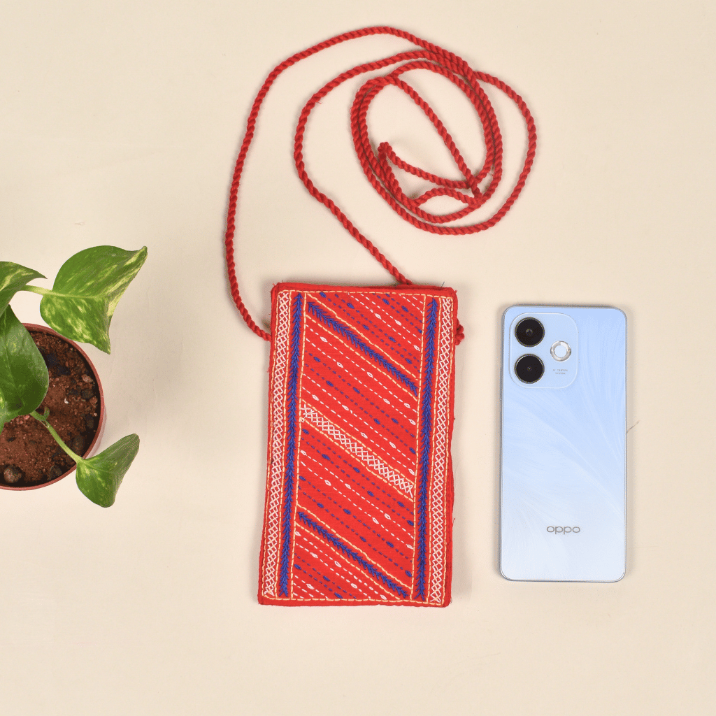 Handcrafted Embroidery Red cell phone pouch - Front