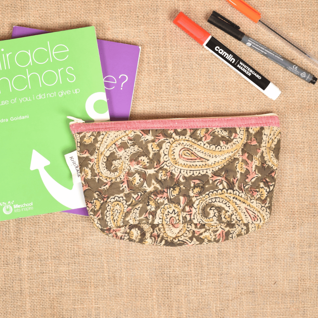 Green kalamkari cotton quilted pouch