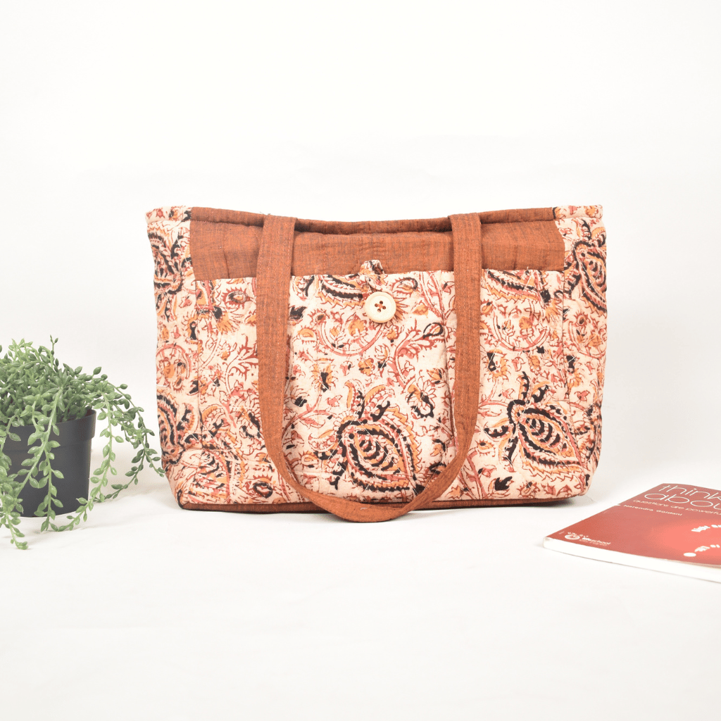 Quilted Rust Kalamkari Purse Bag With Pockets - front