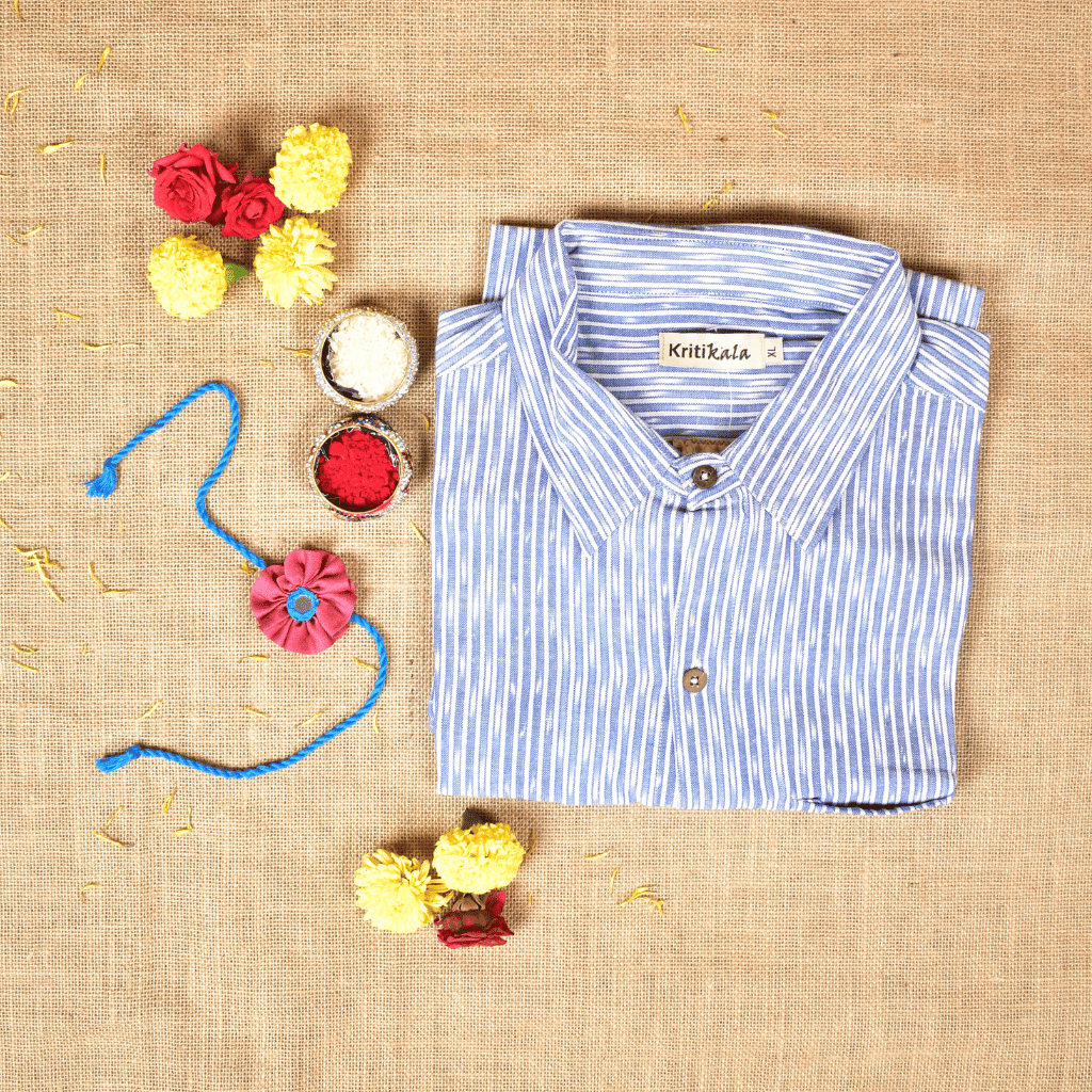 Raksha Bandhan Gift Combo – Handcrafted Pink Rakhi with Men's Handloom Cotton Shirt