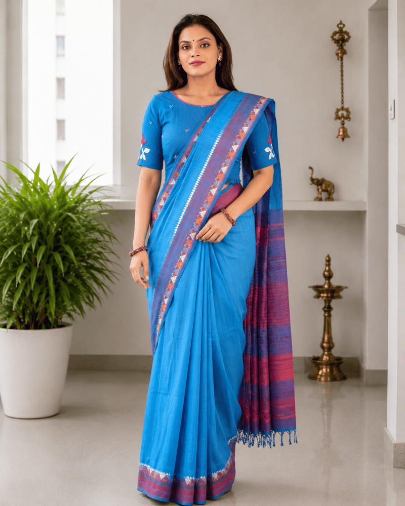 Sky Blue Cotton Saree with Hand Embroidery