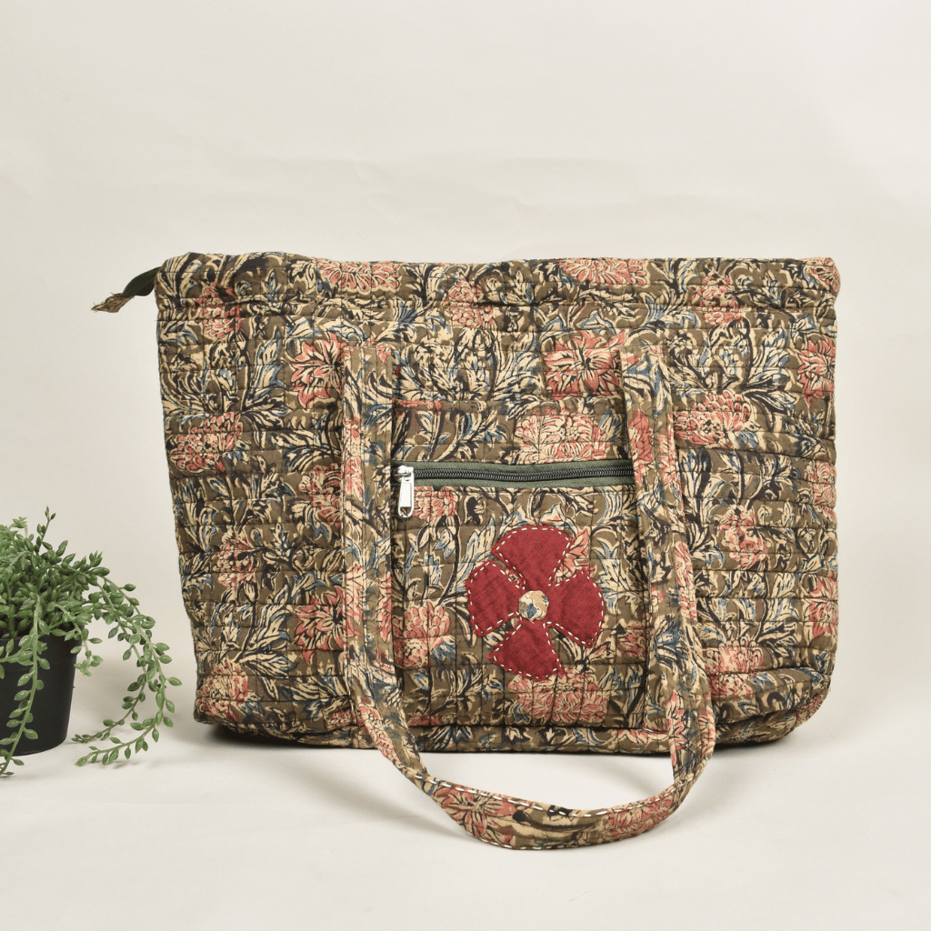 Quilted Green Kalamkari Large Tote Bag - front