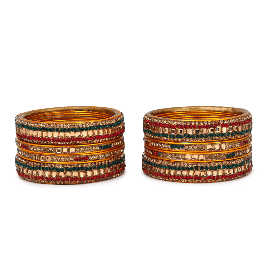 Set of Eight Bangles in Green & Red tones - Lac