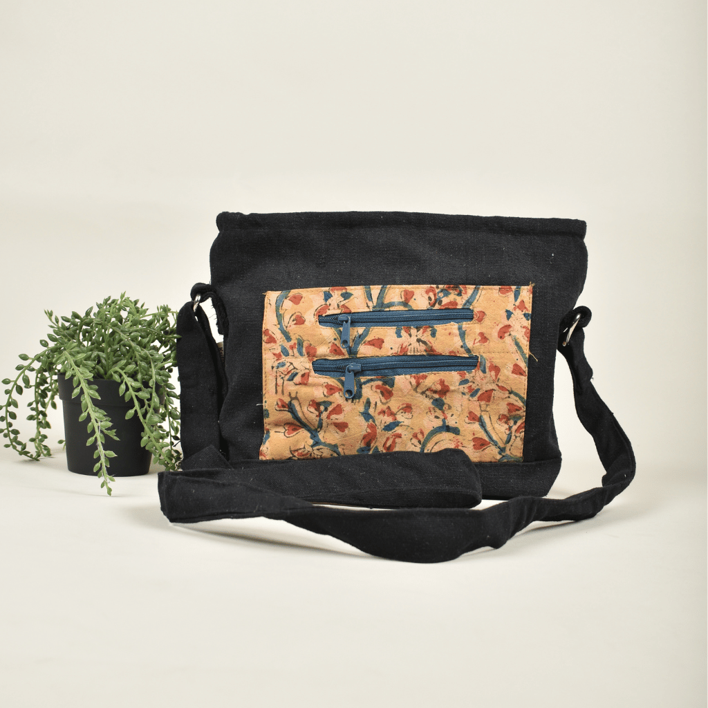Yellow Multi pocket canvas sling bag - front