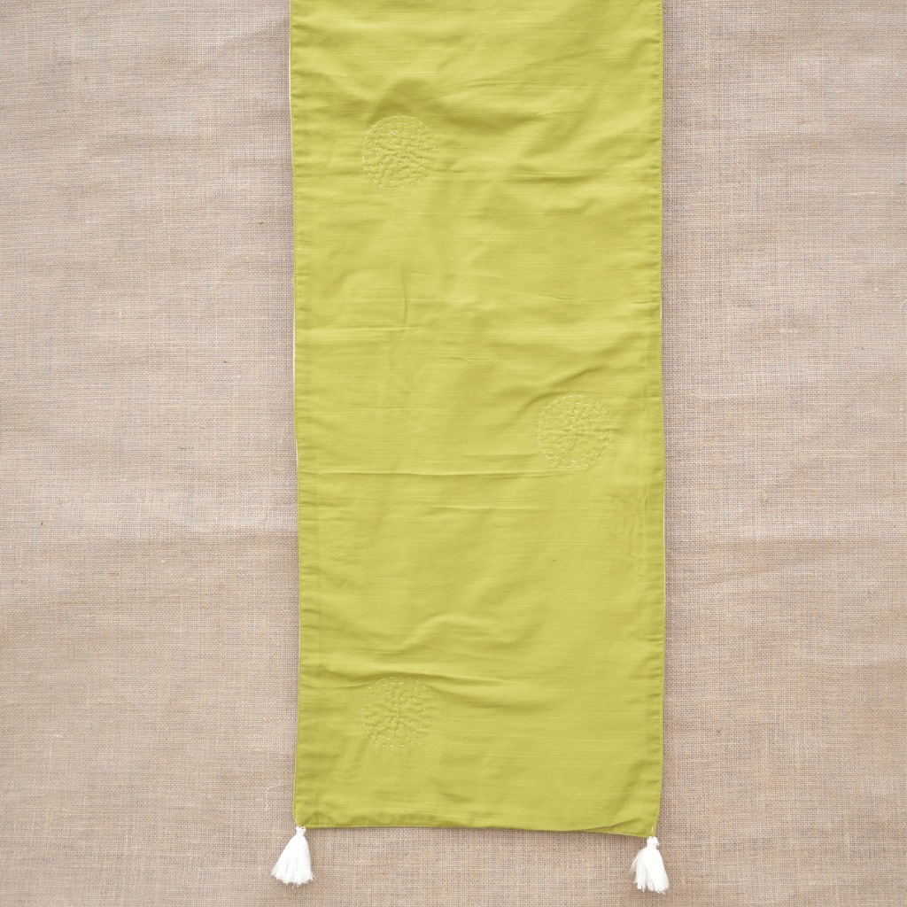 Green & cream Silk reversible festive table runner - front