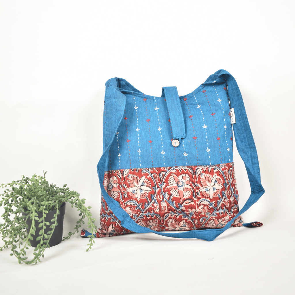 Blue and Red Kalamkari sling bag with hand embroidery - front