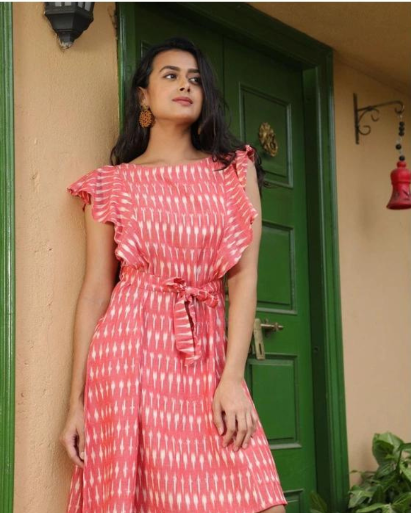 pink ikat short dress with frill design front view