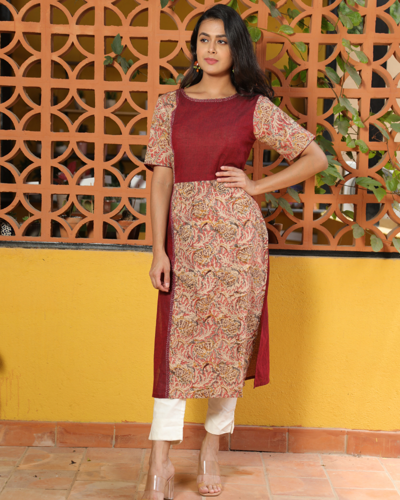 Maroon kalamkari kurta front view