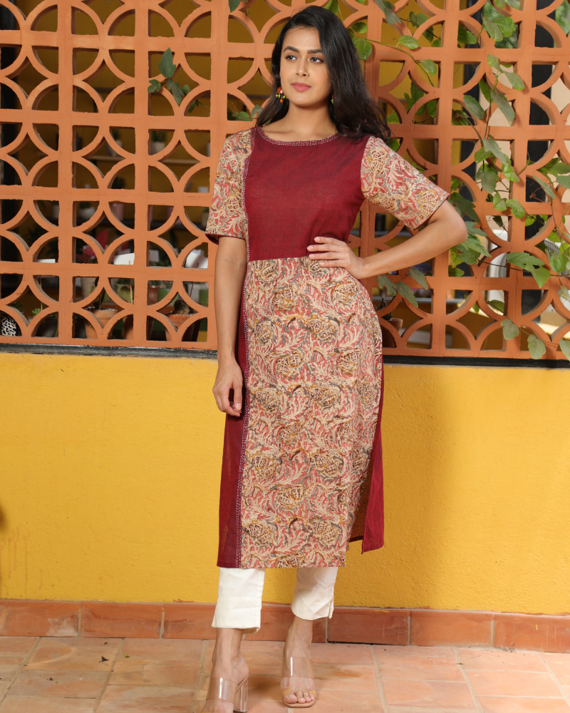 Plain and Print - Maroon kalamkari kurta