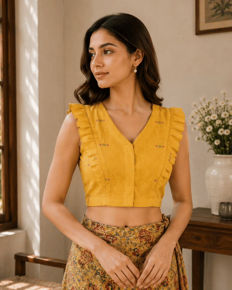 Yellow Cotton Sleeveless Embroidery Blouse with V-Neck