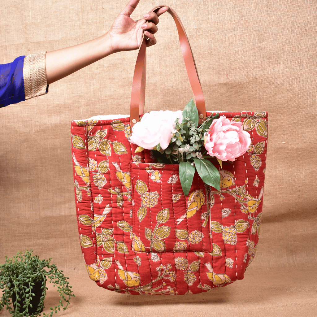 Red Tapti Hand Quilted Large Tote Bag - front