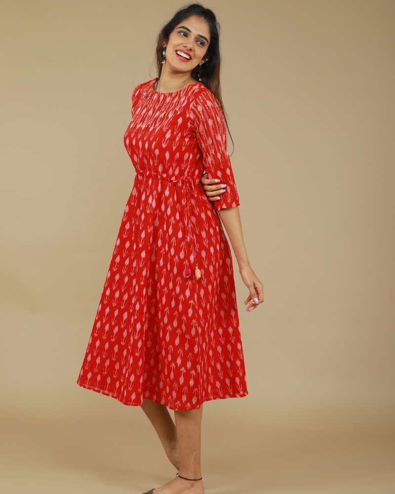 Red leaf ikat dress side view