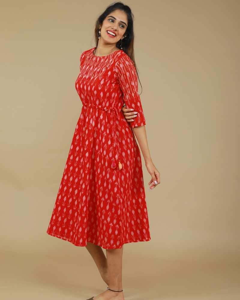 RED LEAF IKAT DRESS