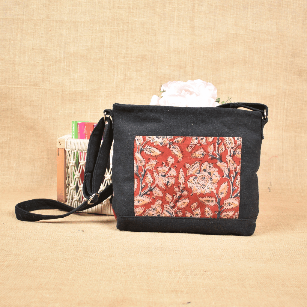 Canvas Purse With Red Kalamkari Fabric - Front