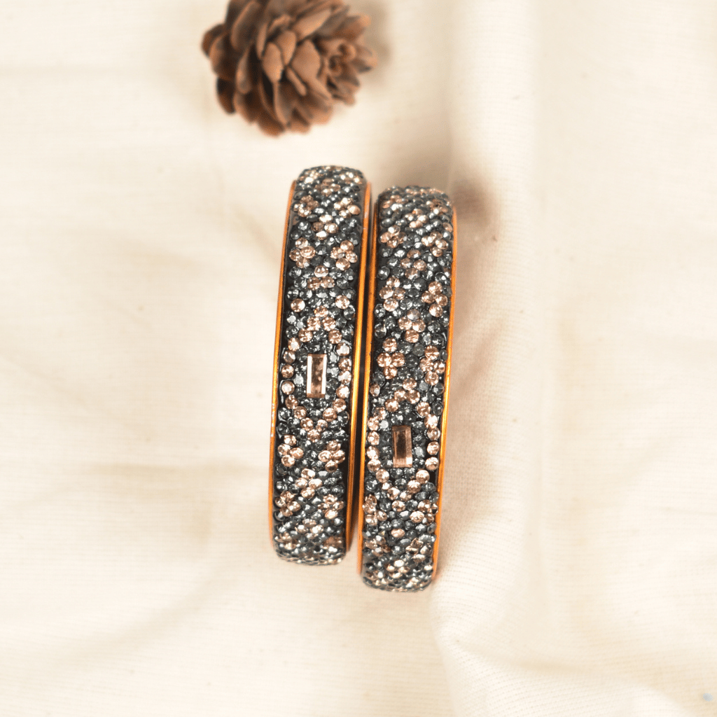 Pair of Black & Gold 5 line stoned lac bangles - glittery stones