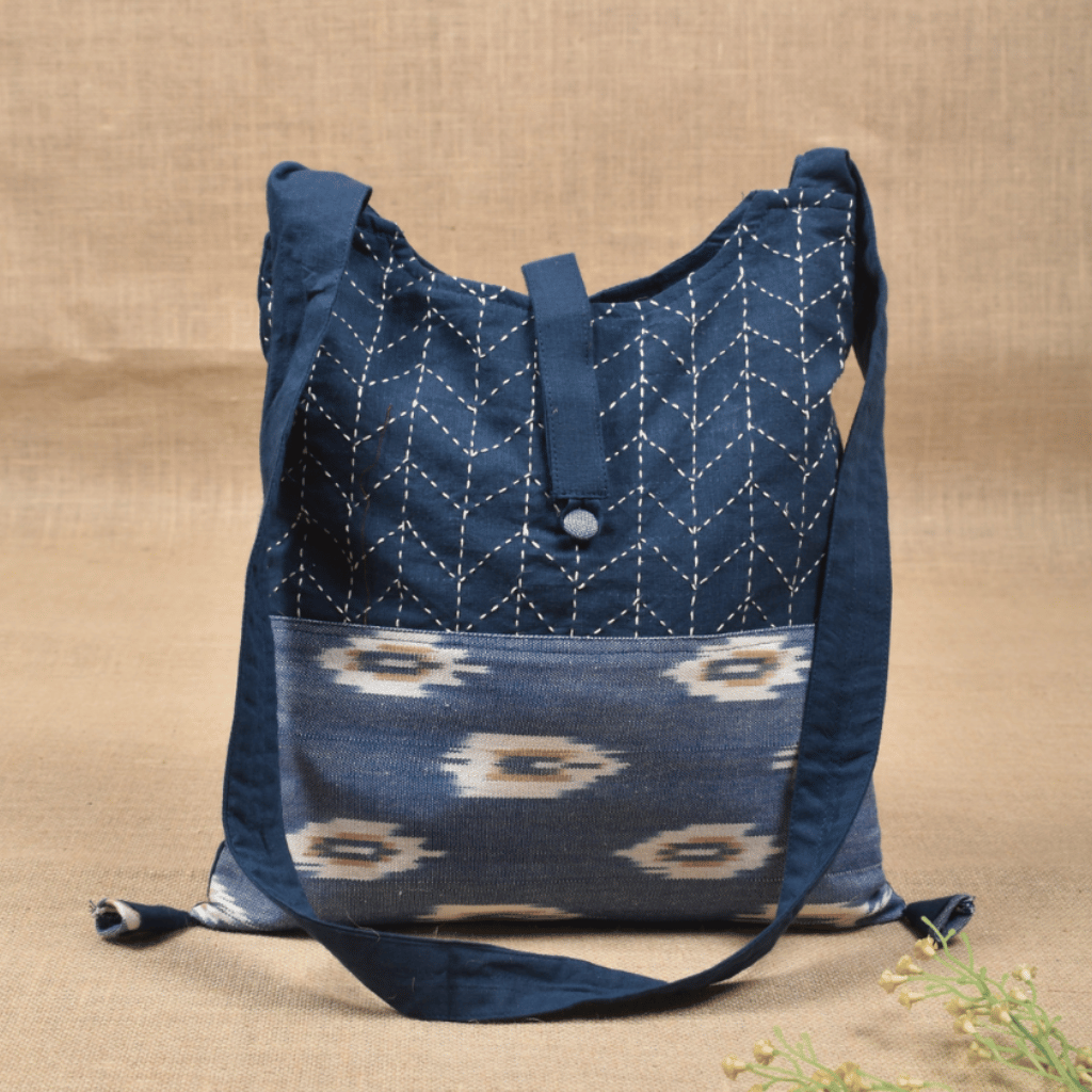 Blue ikat embroidery sling bag - front