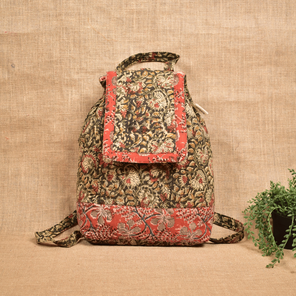 Quilted Green Kalamkari Backpack Bag - display