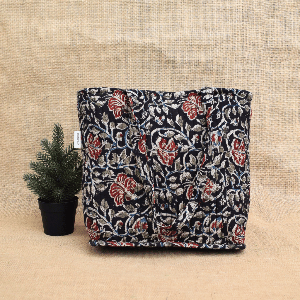 Black kalamkari Quilted tote bag - front