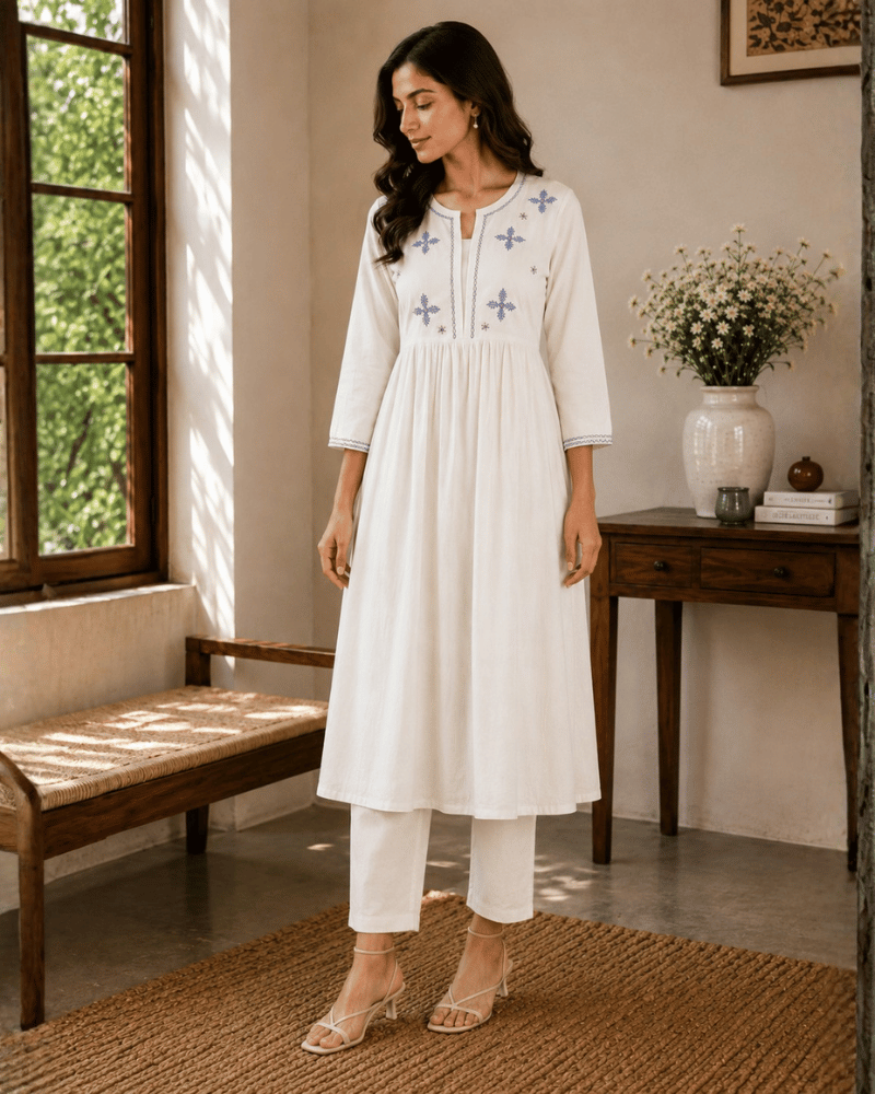 White Cotton Kurta with Hand Embroidery - Front
