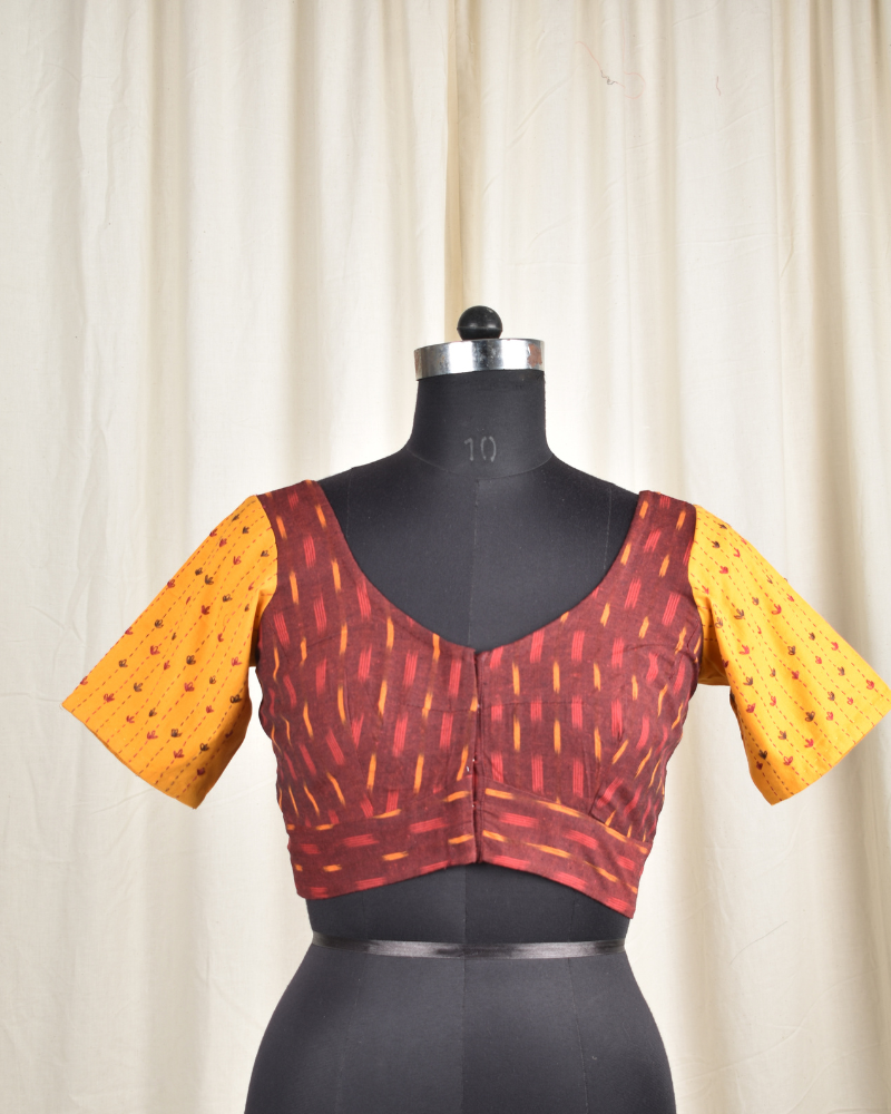 Mustard and maroon ikat embroidered blouse - front
