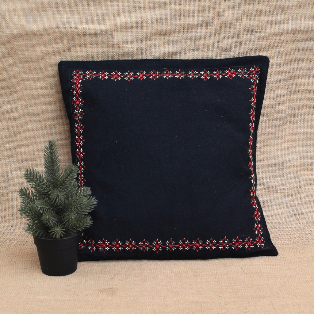 Black Embroidered Mangalagiri Cotton Cushion Cover – 16 x 16 Inches