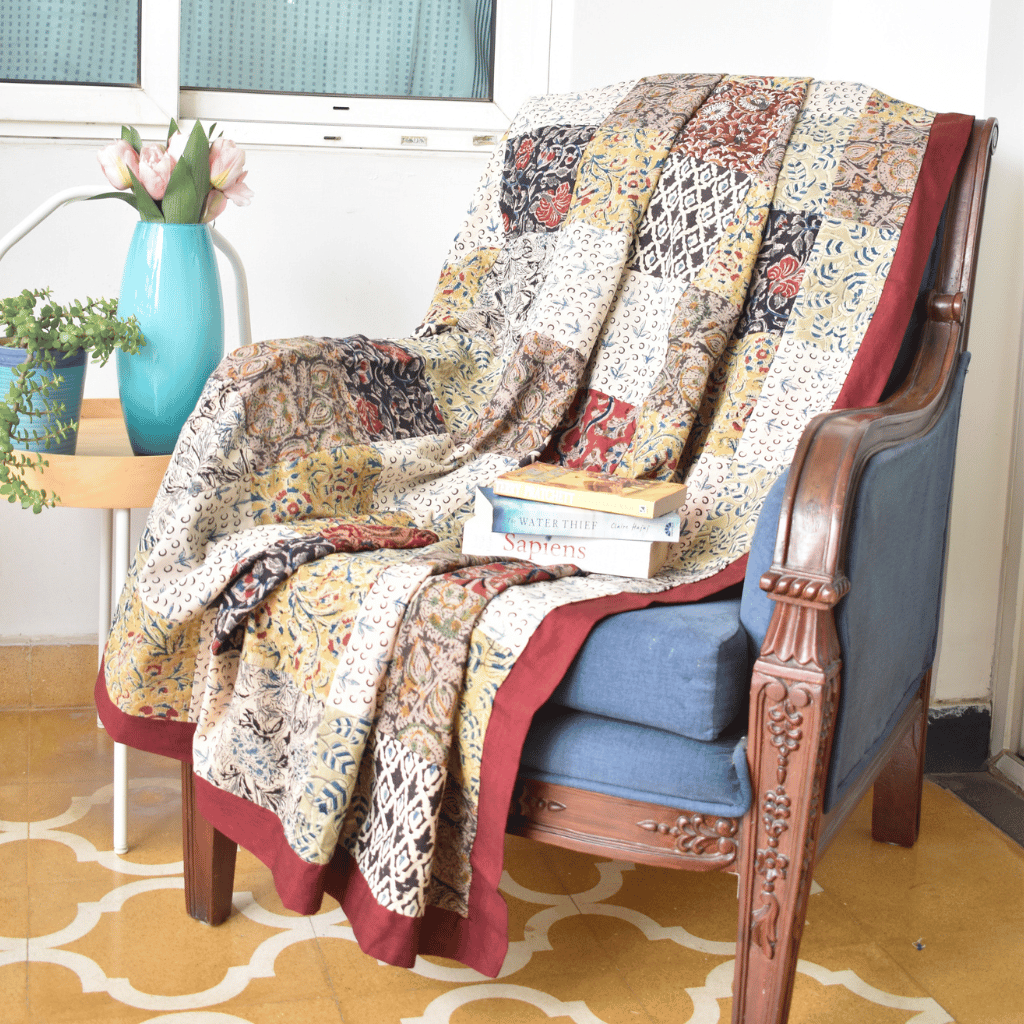 Patchwork single dohar with maroon border - front