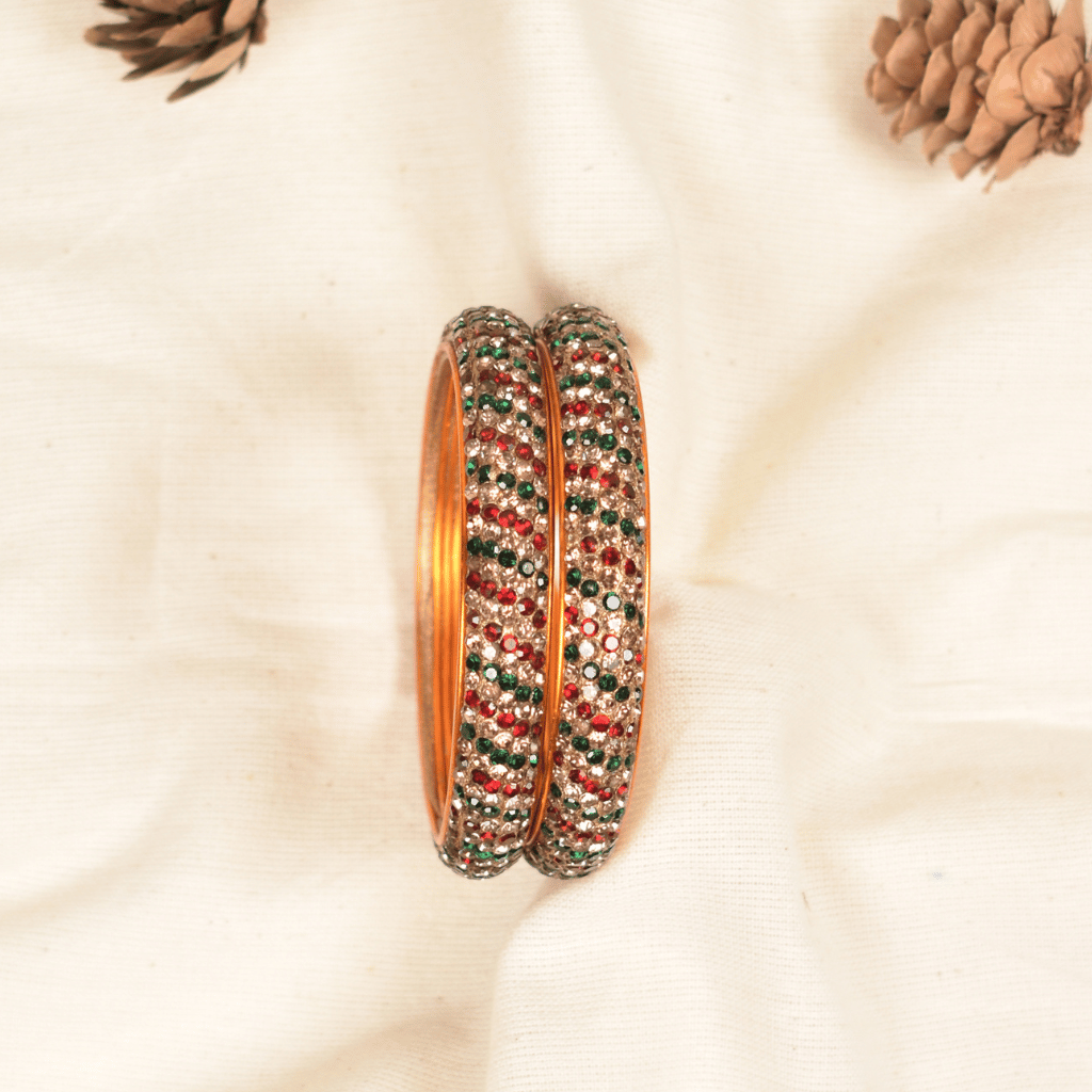 Pair of red & green 5 line stoned lac bangles
