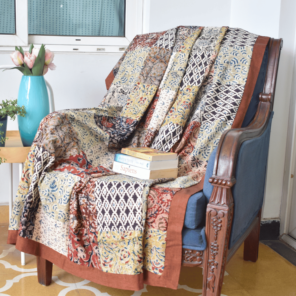Kalamkari Patchwork single dohar with Rust border - front