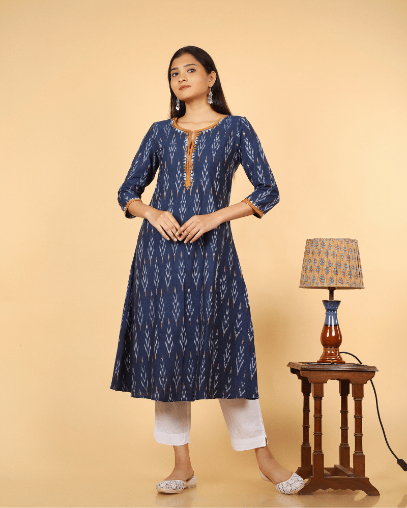 Navy Blue Triangle Embroidery Ikat Kurta - front